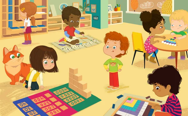 Obszar Matematyki Klasy Montessori Gloden Materiałów Dzieci Uczące Się Poprzez — Zdjęcie stockowe