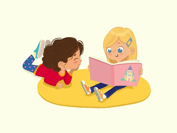 Illustration Von Zwei Befreundeten Mädchen Die Das Buch Einer Bücherecke — Stockfoto