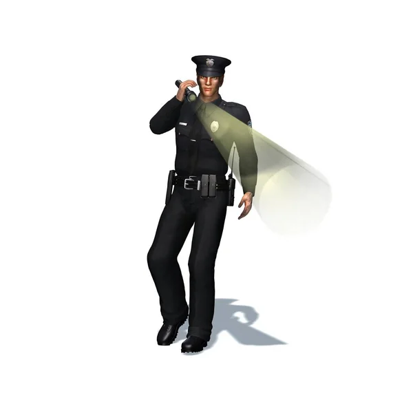 警察官は懐中電灯でチェック 白い背景に隔離 3Dイラスト — ストック写真