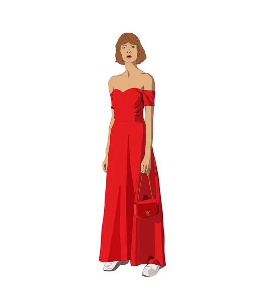 Bela Jovem Vestido Com Saia Vermelha Saco — Fotografia de Stock
