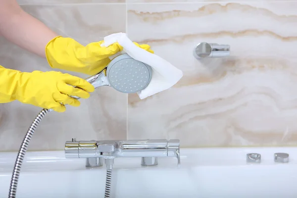Cleaning Bathroom Expensive Hotel Hands Rubber Gloves Wipe Mixer Unrecognizable — Stock Photo, Image