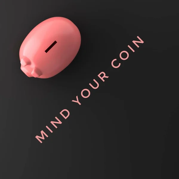 Save money concept with piggy bank and MIND YOUR COIN words on black plain background