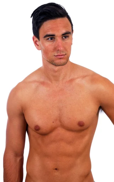 Uomo Muscoloso Con Busto Nudo Sfondo Bianco — Foto Stock