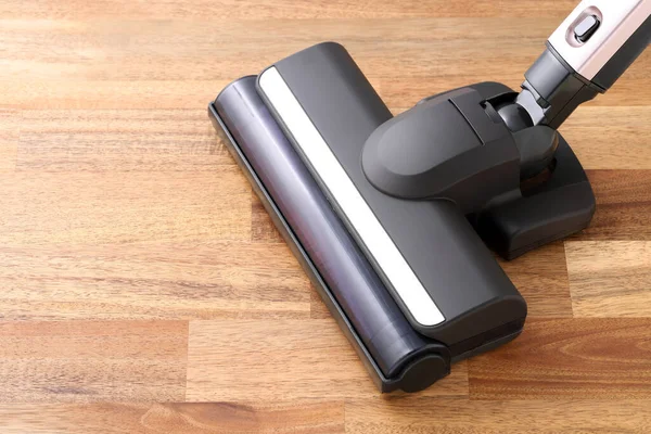 Head Modern Vacuum Cleaner Wooden Floor Background Close — Stock Photo, Image
