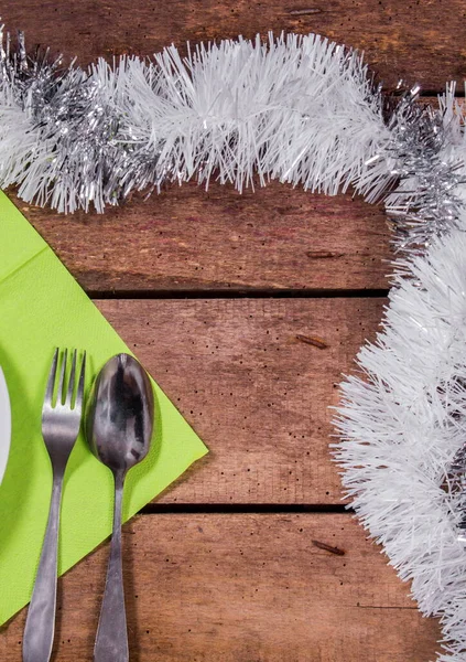 Christmas Table Setting White Blue Red Ribbon — Stock Photo, Image