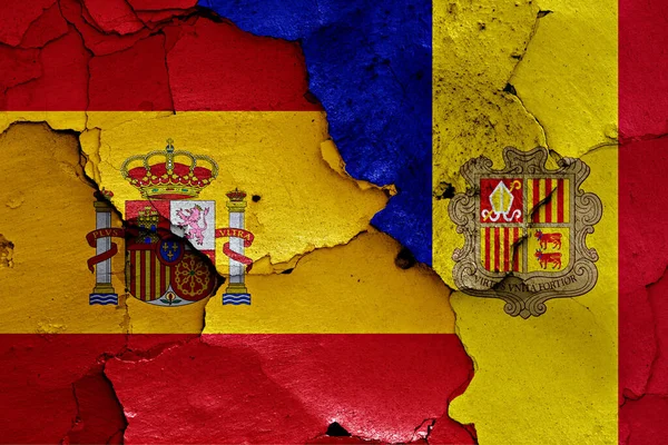 Vlaggen Van Spanje Andorra Geschilderd Gebarsten Muur — Stockfoto