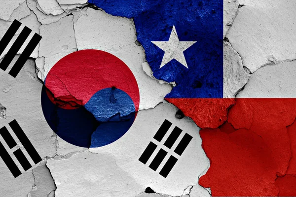 Kırık Duvarda Güney Kore Şili Bayrakları — Stok fotoğraf