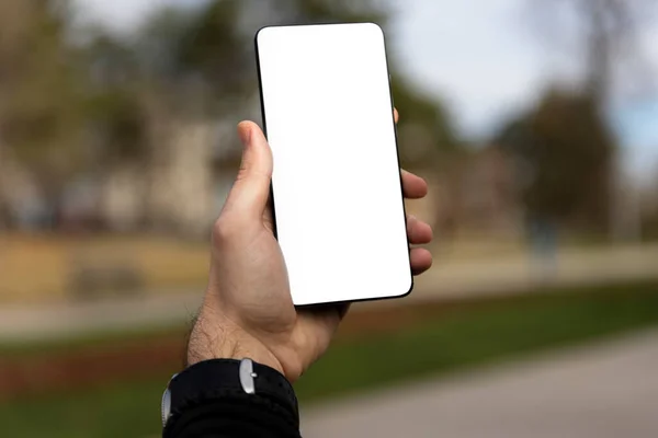 Smartphone Con Pantalla Blanca Para Copiar Espacio Mano Del Hombre —  Fotos de Stock