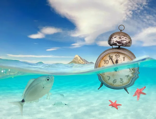 Océan Turquoise Avec Vue Sous Marine Horloge Réchauffement Climatique Des — Photo