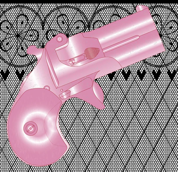 Een Pistool Derringer Roze Een Kant Tricotst Achtergrond Een Visnet — Stockfoto