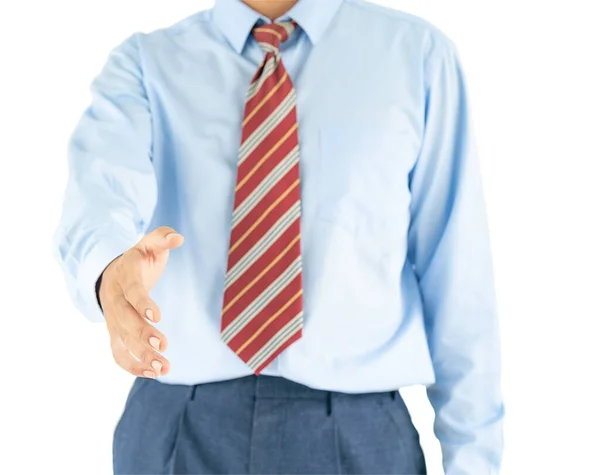 Close Man Blauw Shirt Rode Stropdas Hand Reiken Met Uitknippad — Stockfoto