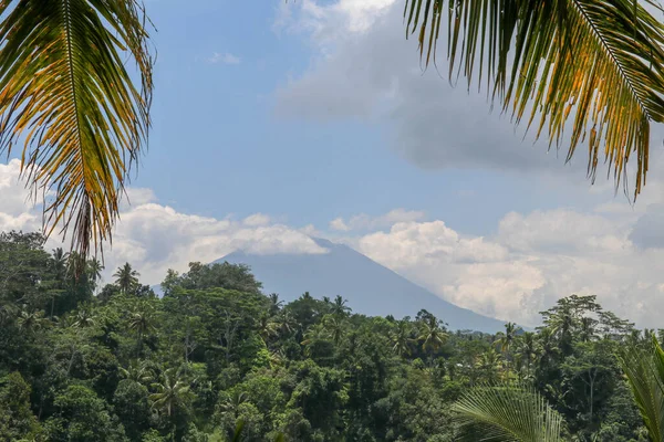 Utsikt Genom Träden Förgrunden Till Den Aktiva Vulkanen Gunung Agung — Stockfoto