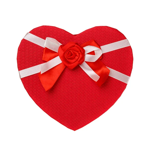 Red Gift Box Form Heart Bow White Background Top View — Stock Photo, Image