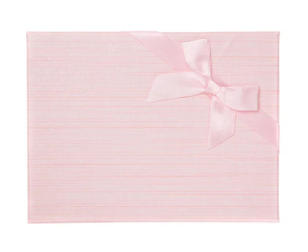 Roze Feestelijke Geschenkdoos Met Roze Strikje Witte Achtergrond Bovenaanzicht — Stockfoto