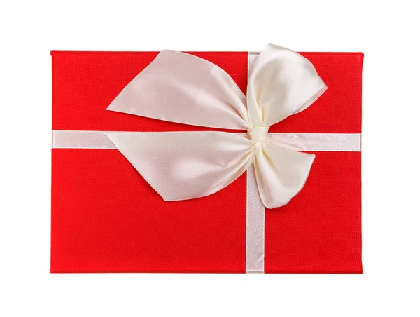 Rood Cadeau Met Witte Strik Een Witte Achtergrond Geïsoleerd Bovenaanzicht — Stockfoto