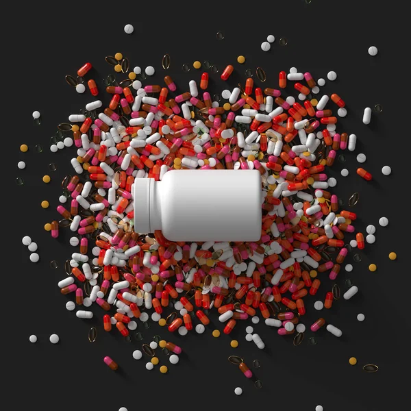 Boyutlu Ilaç Hapları Cam Şişede Kapaklı Soyut Tıbbi Çizim — Stok fotoğraf