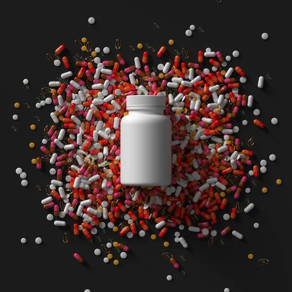 Pil Obat Obatan Dalam Botol Kaca Dengan Topi Ilustrasi Medis — Stok Foto