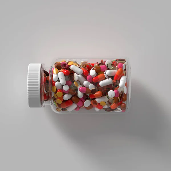 Rendering Pillole Medicinali Bottiglia Vetro Con Tappo Illustrazione Medica Astratta — Foto Stock