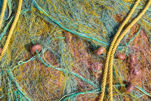 Pilha Rede Pesca Comercial Com Cordas Flutuadores Como Fundo Abstrato — Fotografia de Stock