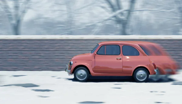 小さな赤い車は 氷の道 安全季節輸送の概念の上に速く駆動します — ストック写真