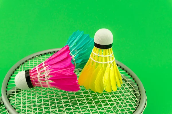 badminton racket and shuttlecock on a green background