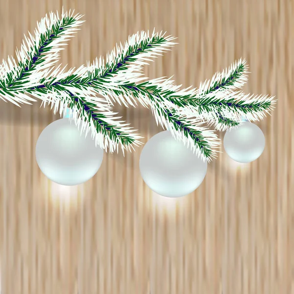 Sprig Van Boom Met Zilveren Ballen Kerstmis Nieuwjaar Houtachtergrond Vectorillustratie — Stockfoto