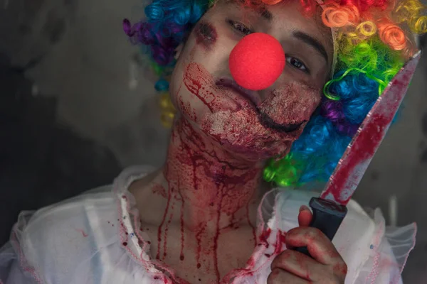 Asie Vtipálek Duch Dívka Nebo Zombie Držení Nůž Halloween Koncept — Stock fotografie