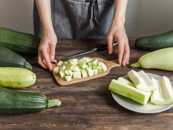 Woman Cutting Zucchini Knife Fork — Stock Photo, Image