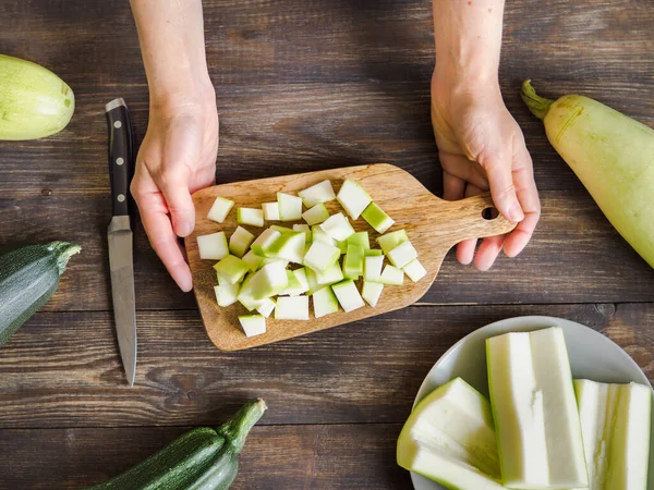 Zucchini Harvest Woman Slices Zucchini Cubes Freezing Wooden Table Farm — Stock Photo, Image