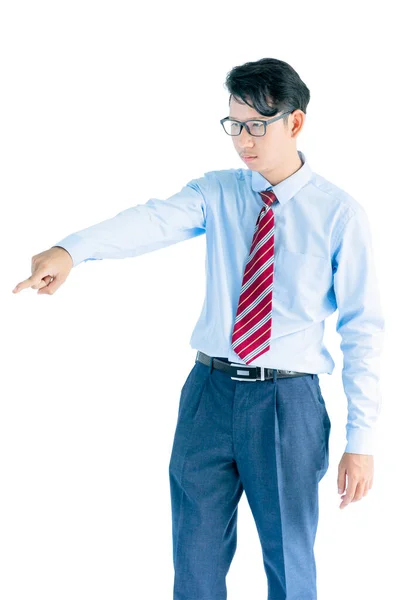 Homme Portant Une Chemise Bleue Une Cravate Rouge Atteignant Pose — Photo
