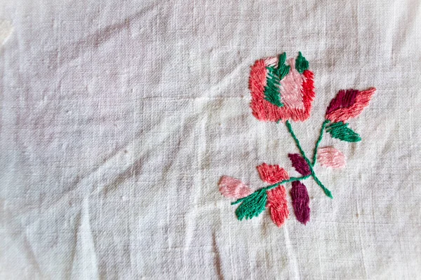 Hand Made Embroidered Smooth Decoration White Fabric Vintage Folk Embroidery — Stock Photo, Image