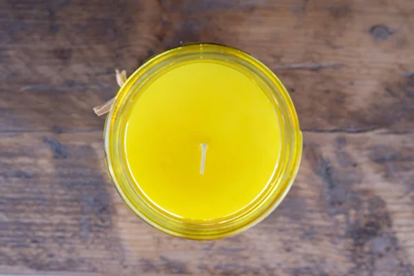 Yellow Orange Juice Glass Jar Wooden Background — Stock Photo, Image