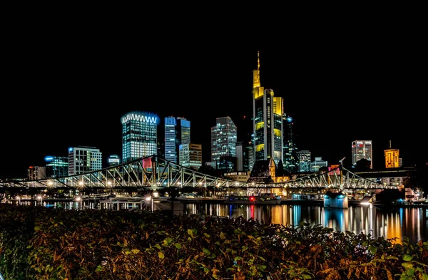 Frankfurt Skyline Night Colorful Reflections Main River Frankfurt Main Germany — Stock Photo, Image