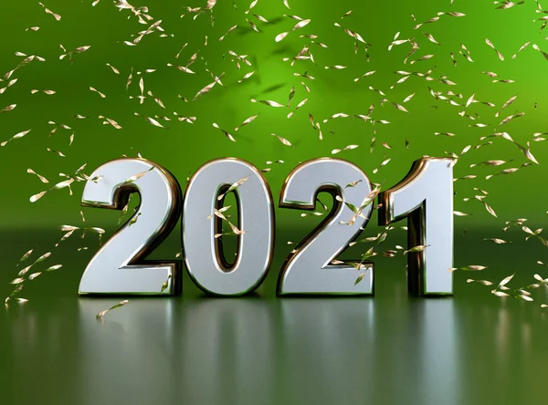 Número Aço Brilhante 2021 Com Reflexões Sobre Fundo Verde Renderização — Fotografia de Stock