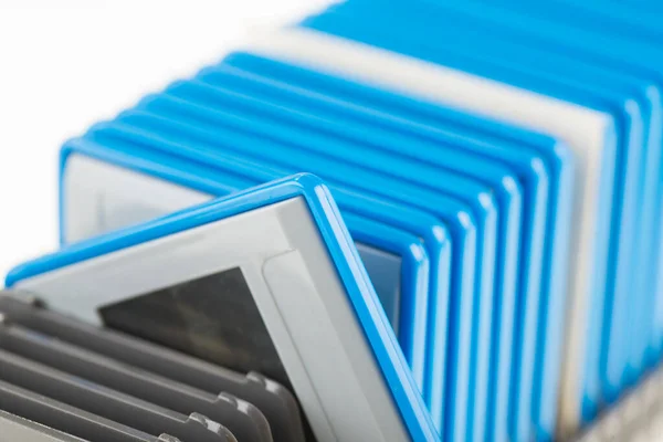 Primer Plano Una Caja Plástico Azul Blanco — Foto de Stock
