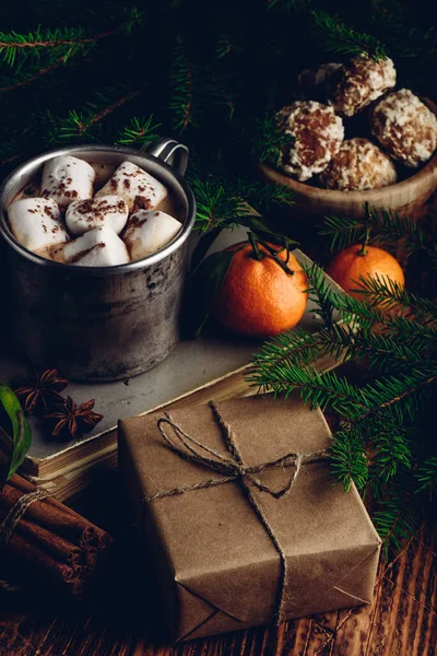Presentask Och Varm Choklad Med Marshmallows Och Pepparkakor — Stockfoto