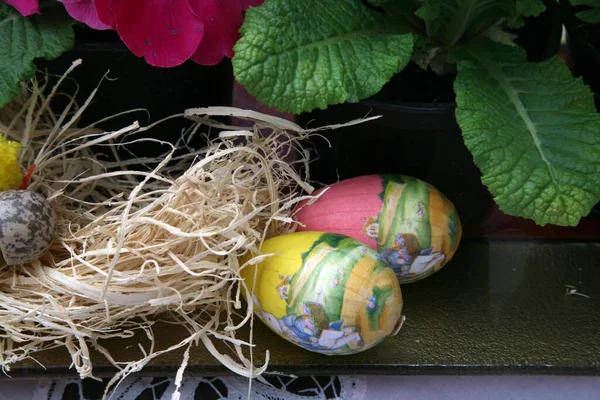 Uova Pasqua Fiori Uno Sfondo Legno — Foto Stock