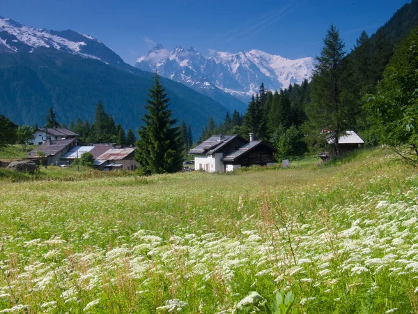 山と緑の芝生の美しい風景 — ストック写真