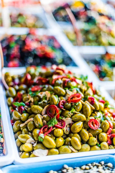 Assorted Olives Put Sale Italian Street Market Stall — Stock Photo, Image