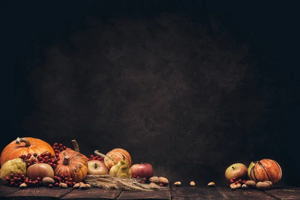 Feestelijke Herfst Stilleven Met Pompoenen Appels Rode Bessen Noten Rogge — Stockfoto