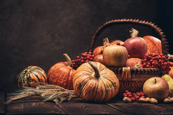 Εορταστική Φθινόπωρο Νεκρή Φύση Κολοκύθες Καλάθι Μήλα Μούρα Καρύδια Αχλάδια — Φωτογραφία Αρχείου