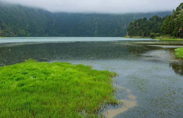 葡萄牙亚速尔圣米格尔岛上的一个火山火山口湖 雾中的塞德利得湖 — 图库照片