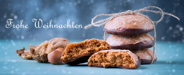 Nürnberger Lebkuchen Auf Blauem Grund Weihnachtsgrüße Traditionelle Deutsche Weihnachtssüße — Stockfoto