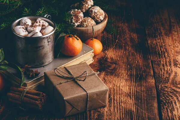 Jul Stilleben Med Varm Choklad Gåva Och Frukt — Stockfoto