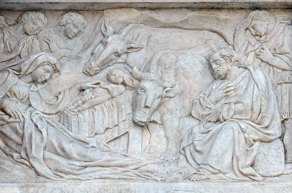 Nativity Scene Adoration Shepherds Relief Portal Saint Petronius Basilica Bologna — Stock Photo, Image