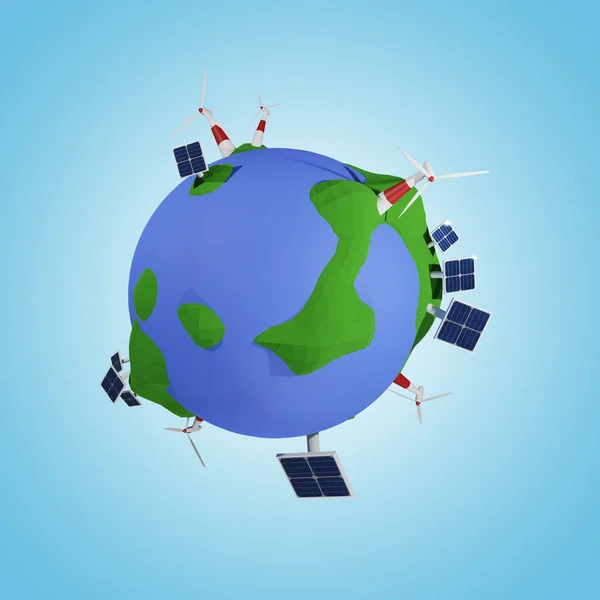 Alternatives Energiekonzept Mit Sonnen Und Windenergie Rendering Low Poly Welt — Stockfoto