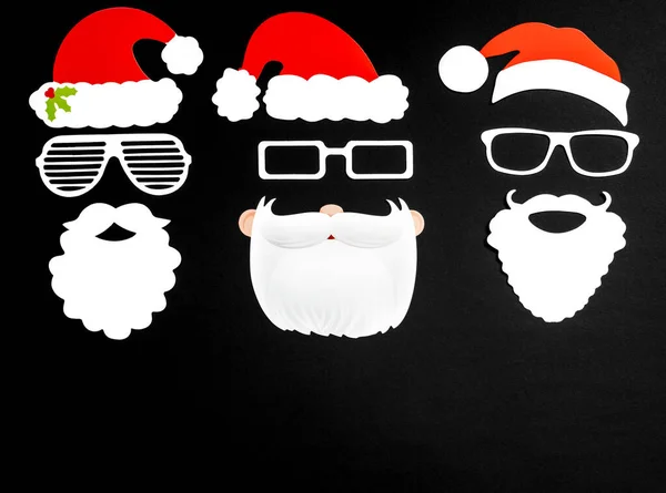 Three Santa Claus Paper Mask Christmas Decoration Accessories Hat Glasses — Stock Photo, Image