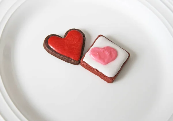 Heart Cookies Different Shapes Icing Top White Plate — Stock Photo, Image