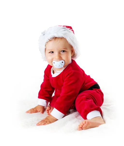 Liten Baby Isolerad Vit Bakgrund Santa Kostym — Stockfoto