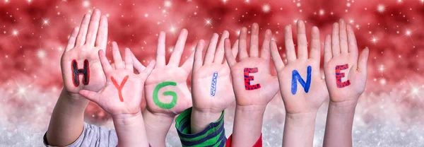 Children Hands Building Kolorowe Angielskie Słowo Higiena Czerwony Śnieg Zima — Zdjęcie stockowe